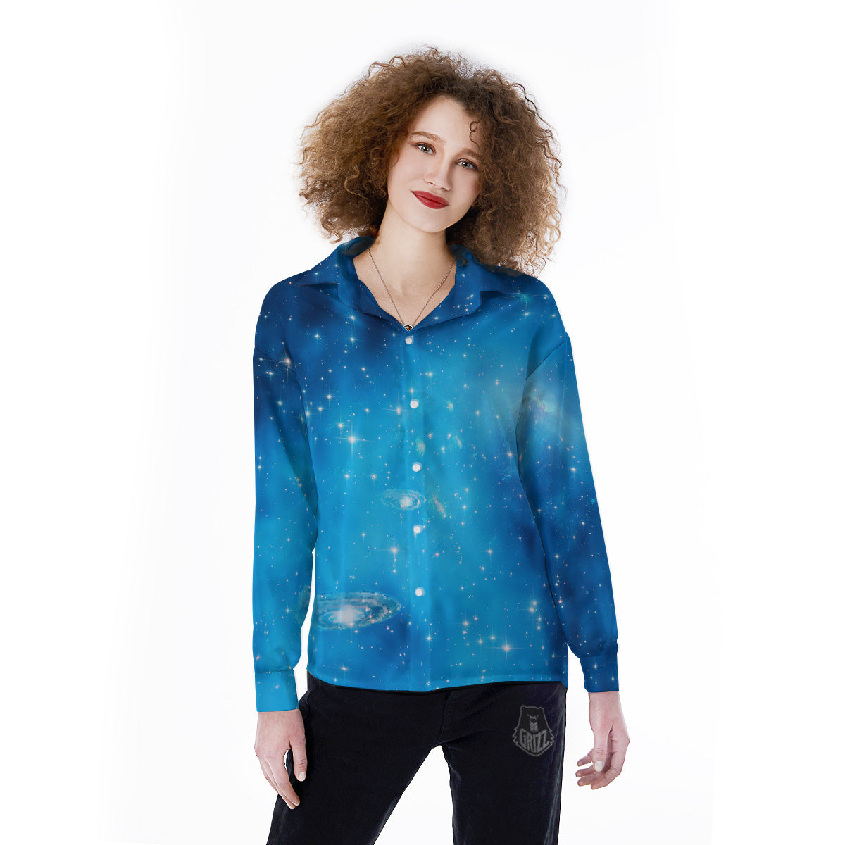 Starfield Galaxy Space Blue Cloud Print Women's Long Sleeve Shirts-grizzshop