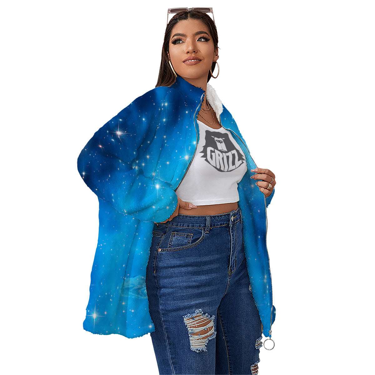 Starfield Galaxy Space Blue Cloud Print Women's Sherpa Jacket-grizzshop
