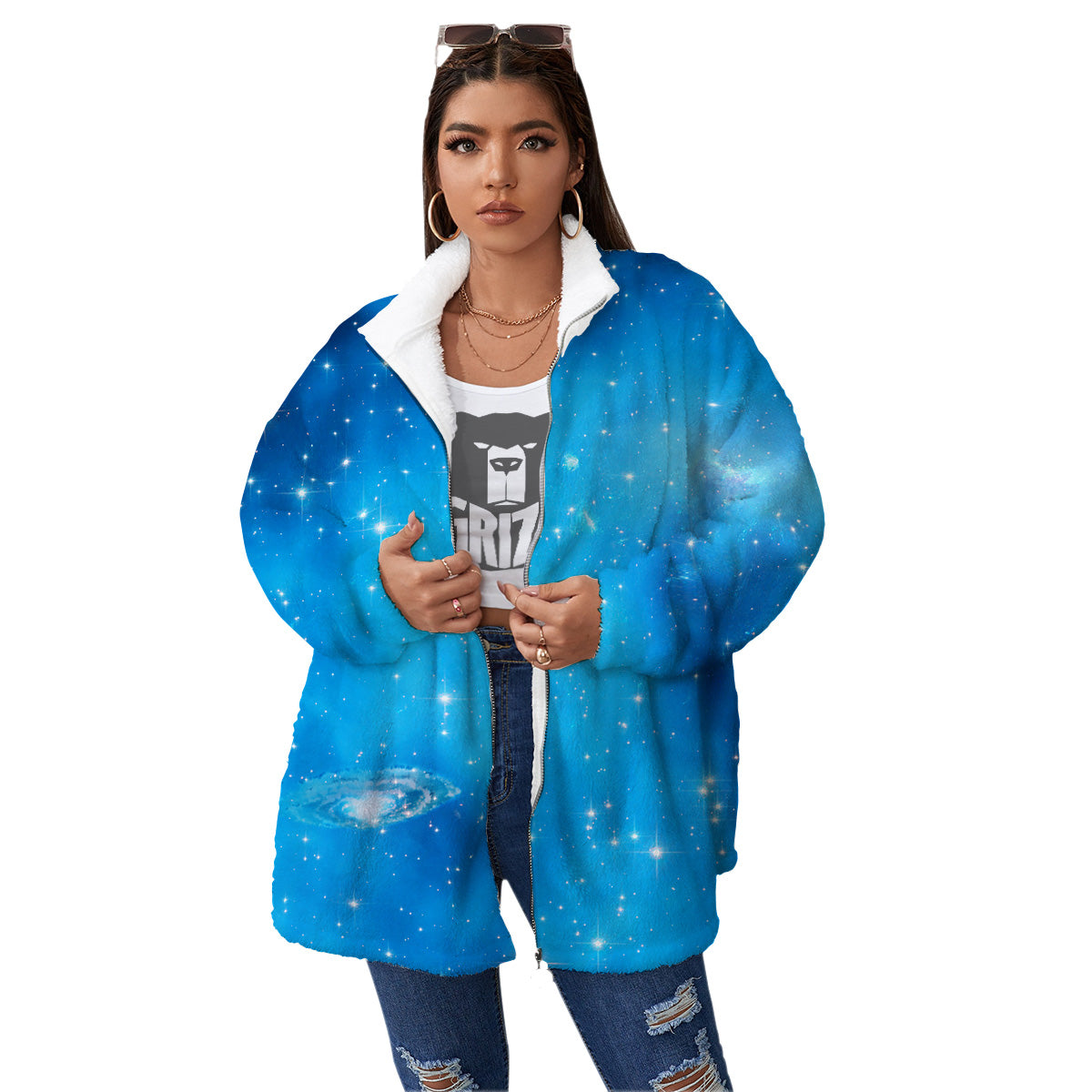 Starfield Galaxy Space Blue Cloud Print Women's Sherpa Jacket-grizzshop