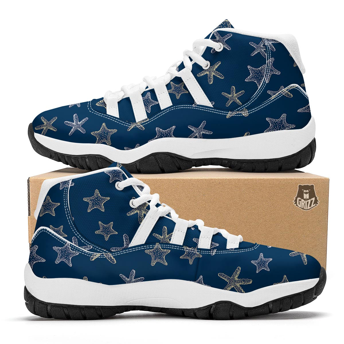 Starfish Pattern Print White Bball Shoes-grizzshop
