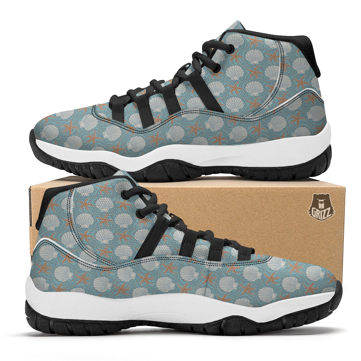 Starfish Shell Pattern Print Black Bball Shoes-grizzshop