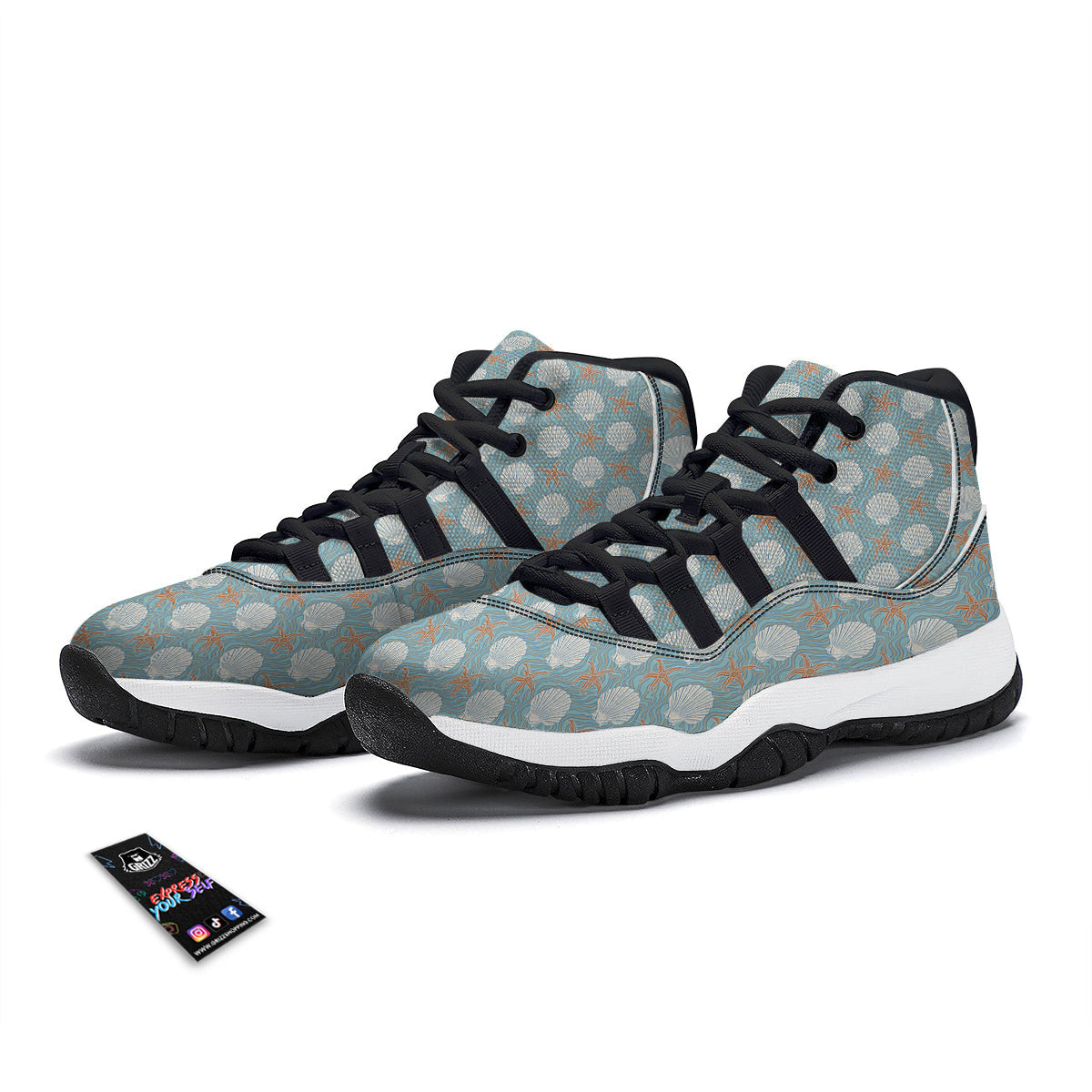 Starfish Shell Pattern Print Black Bball Shoes-grizzshop