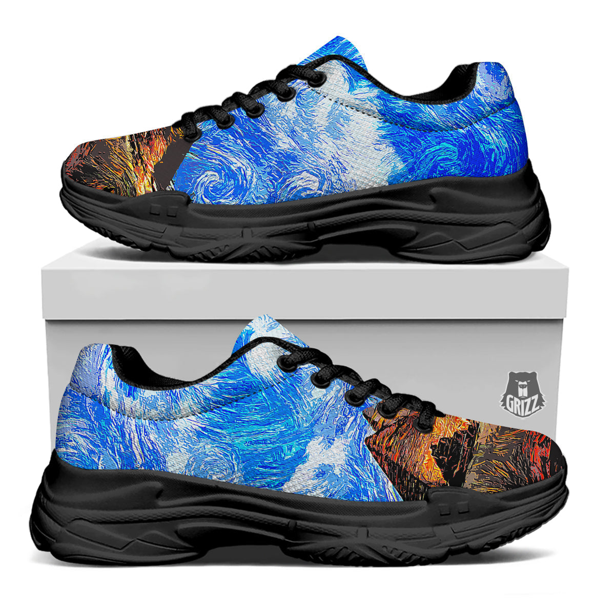 Starring Night Pyramids Print Black Chunky Shoes-grizzshop