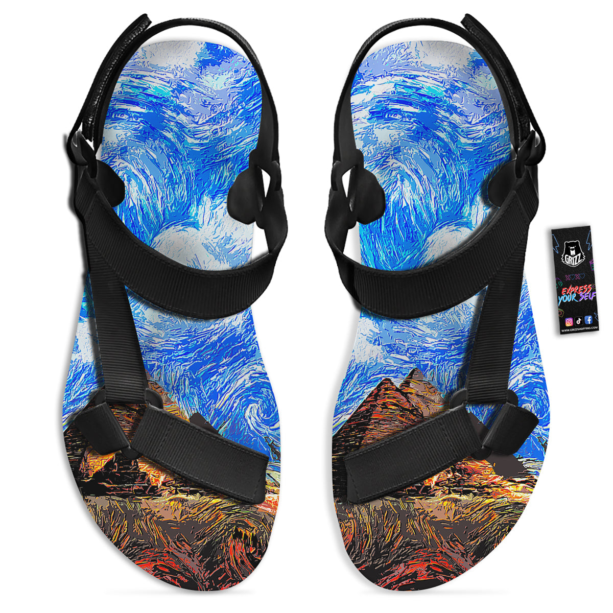 Starring Night Pyramids Print Black Open Toe Sandals-grizzshop