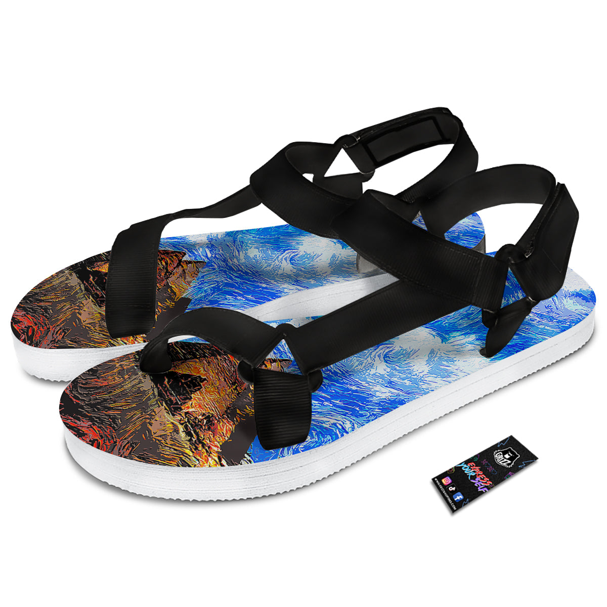 Starring Night Pyramids Print Black Open Toe Sandals-grizzshop