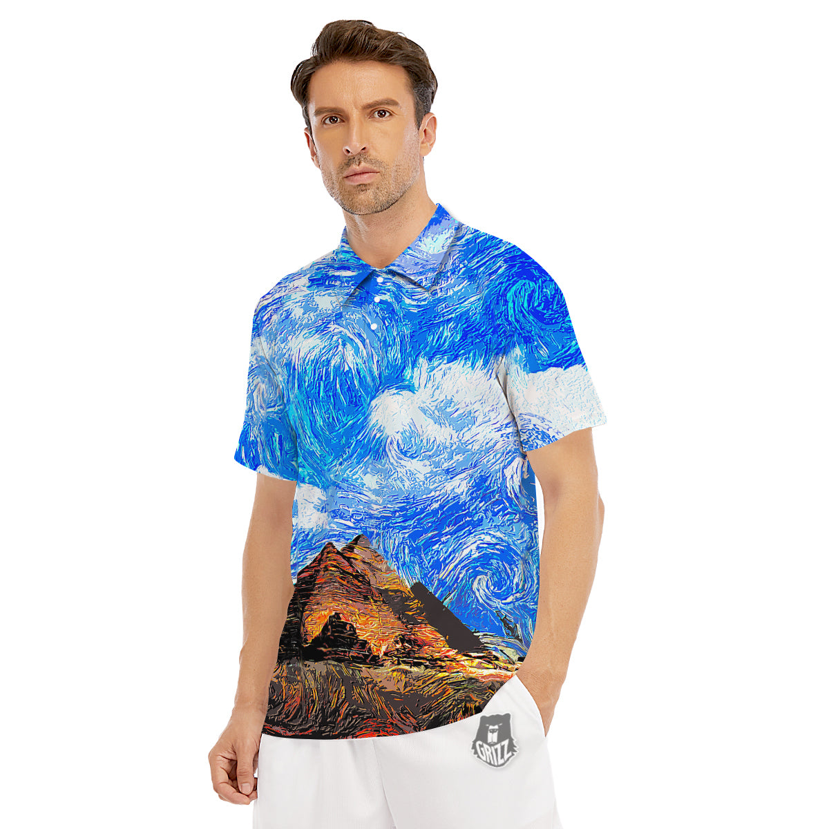 Starring Night Pyramids Print Men's Golf Shirts-grizzshop