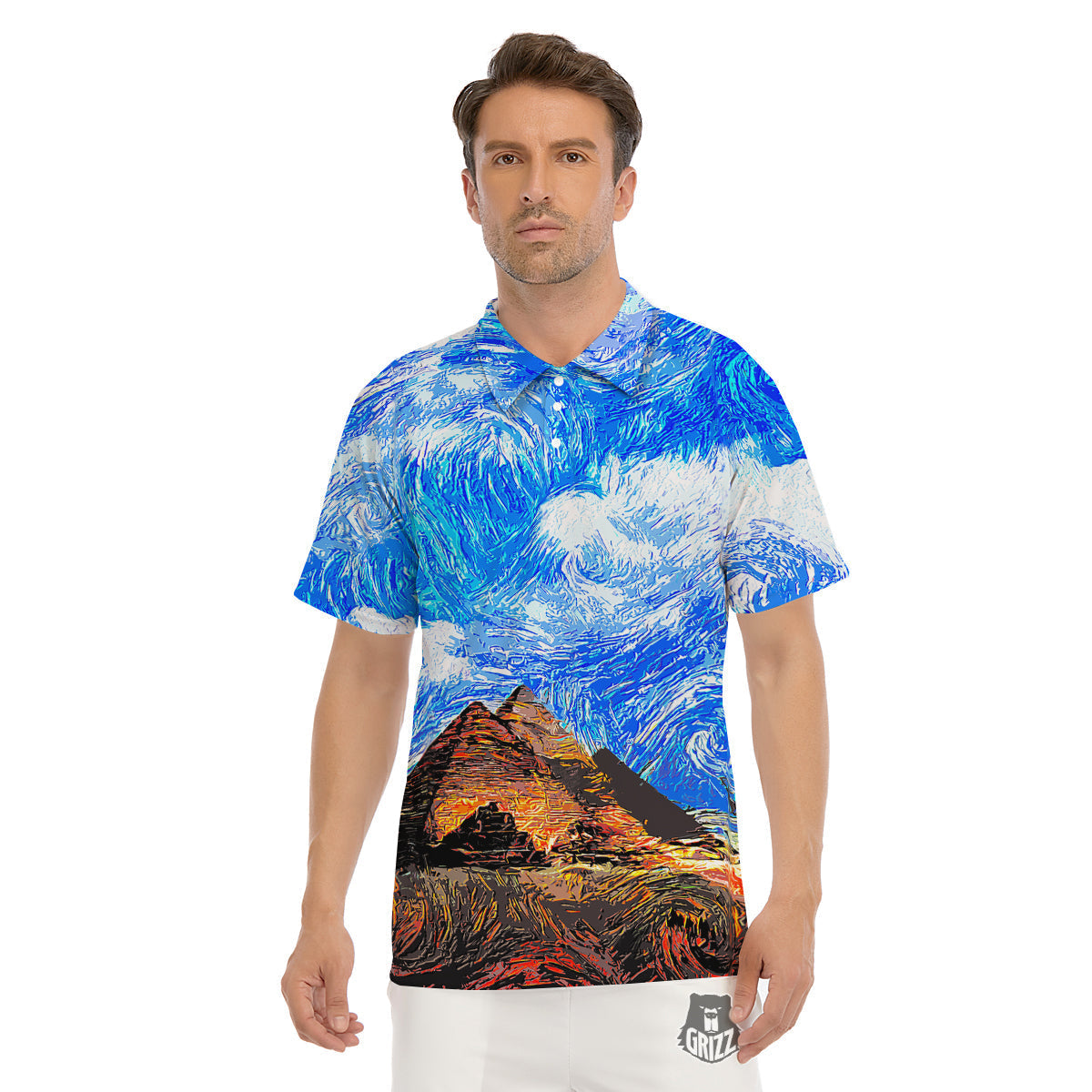 Starring Night Pyramids Print Men's Golf Shirts-grizzshop
