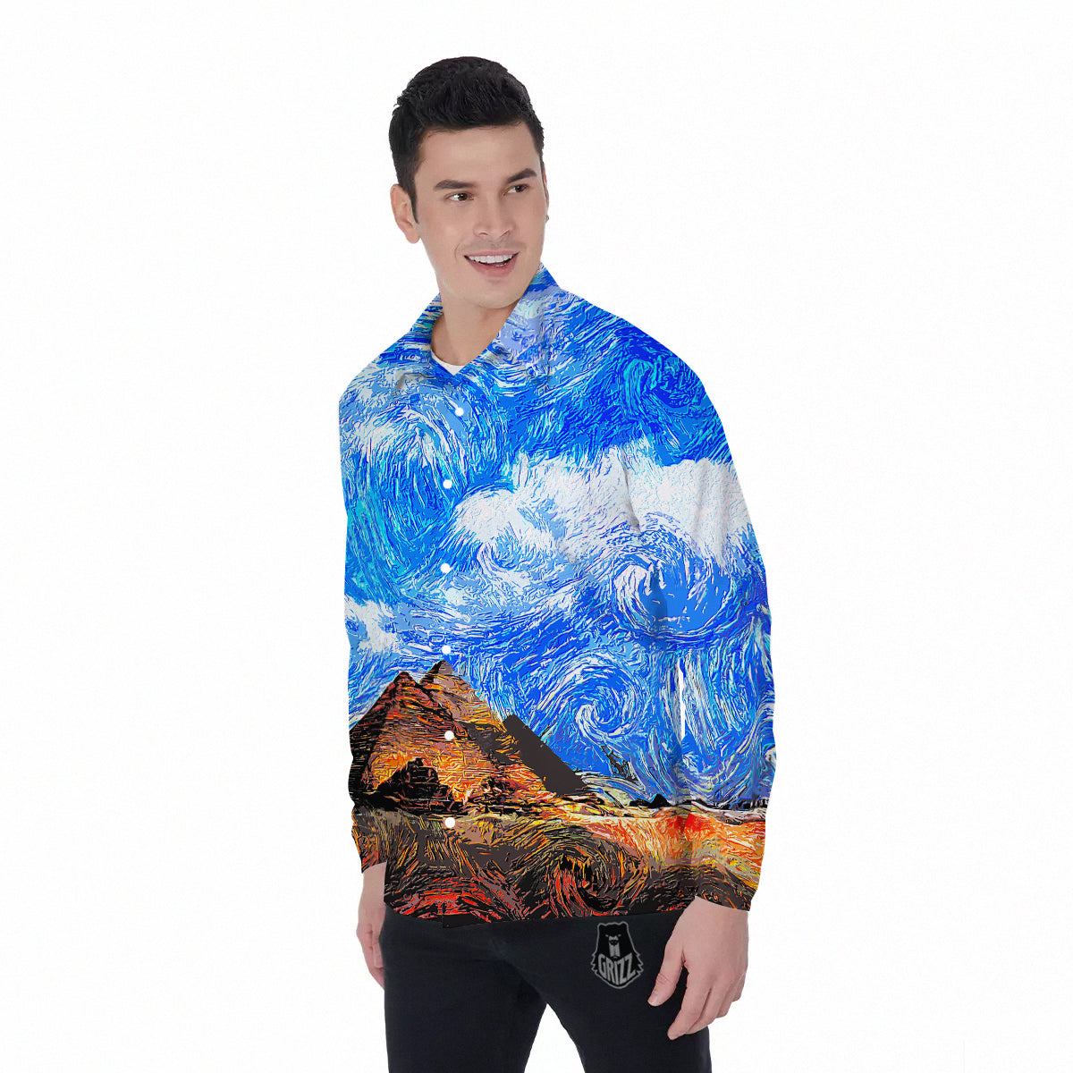 Starring Night Pyramids Print Men's Long Sleeve Shirts-grizzshop