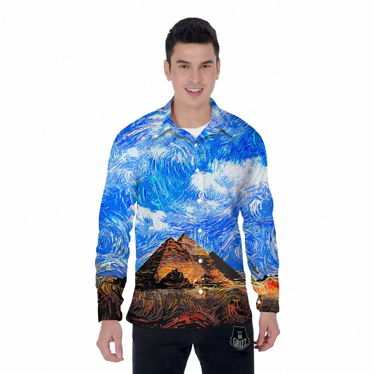 Starring Night Pyramids Print Men's Long Sleeve Shirts-grizzshop
