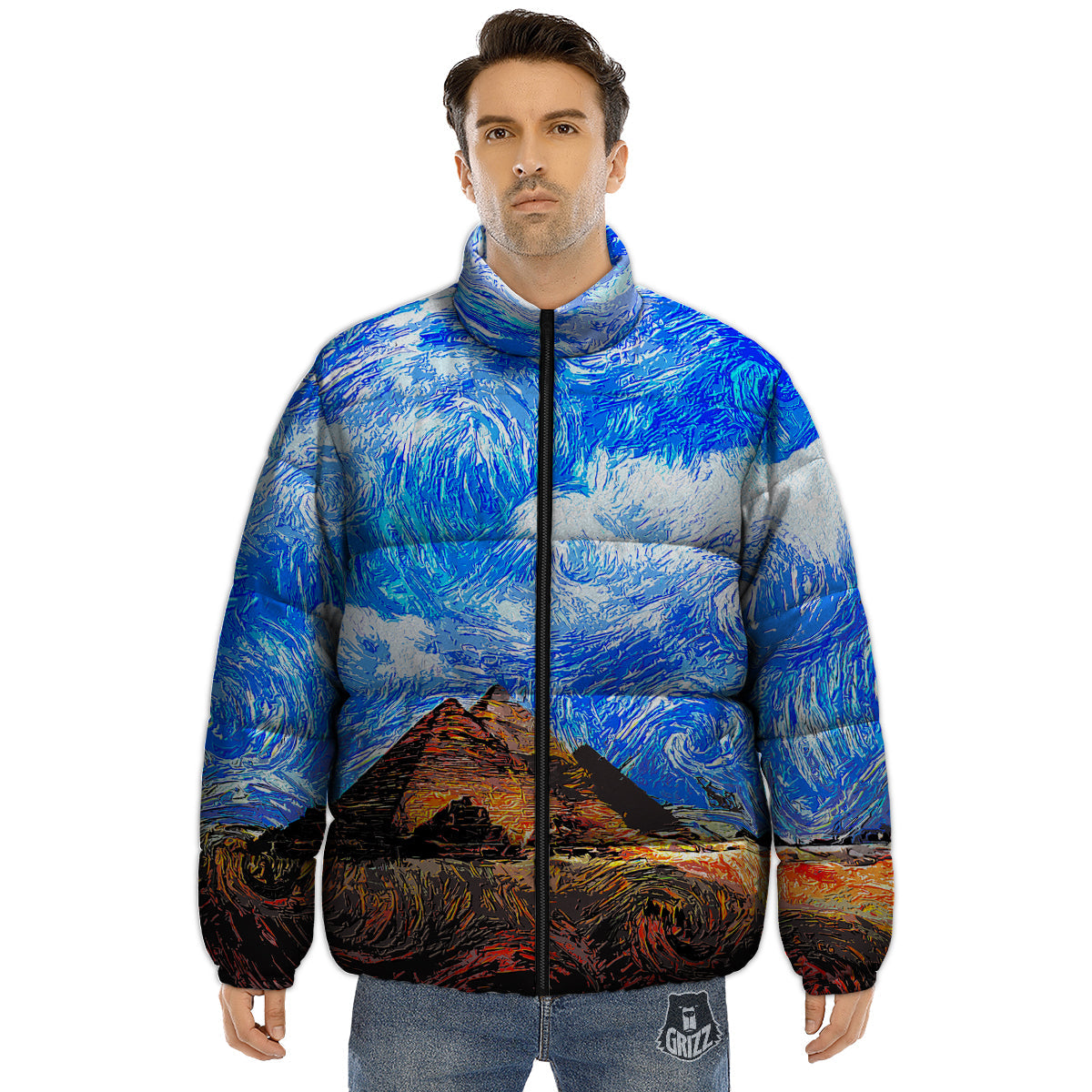 Starring Night Pyramids Print Puffer Jacket-grizzshop