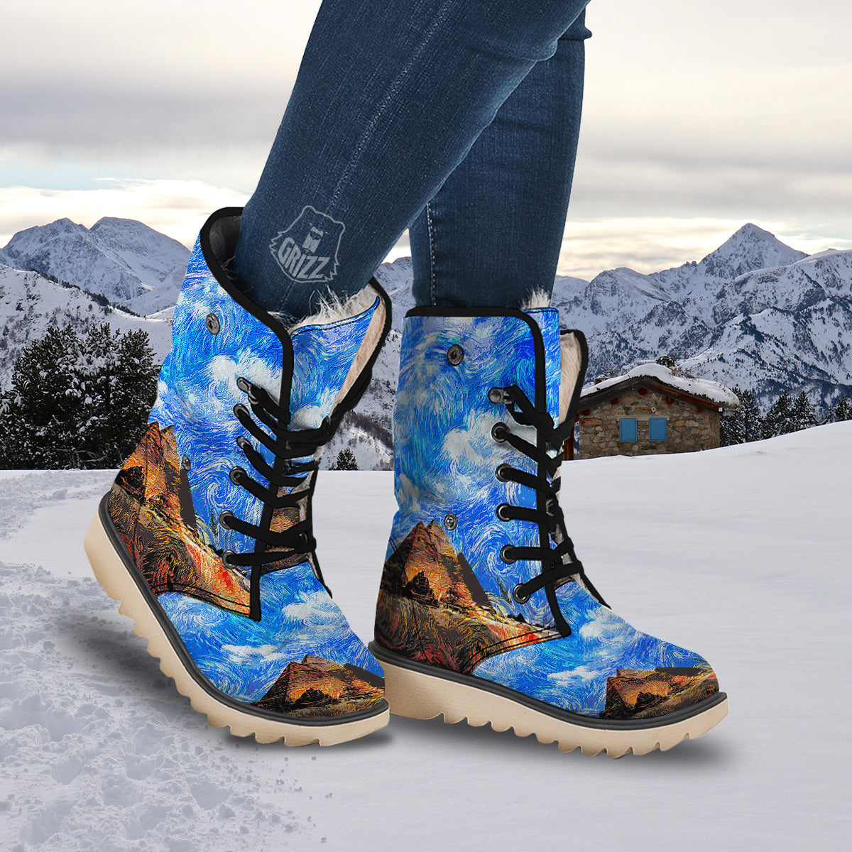 Starring Night Pyramids Print Snow Boots-grizzshop