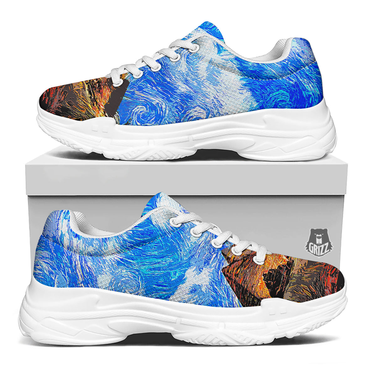 Starring Night Pyramids Print White Chunky Shoes-grizzshop