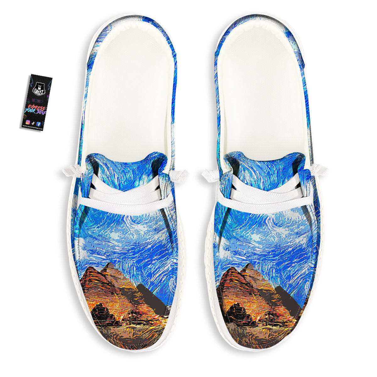 Starring Night Pyramids Print White Loafers-grizzshop