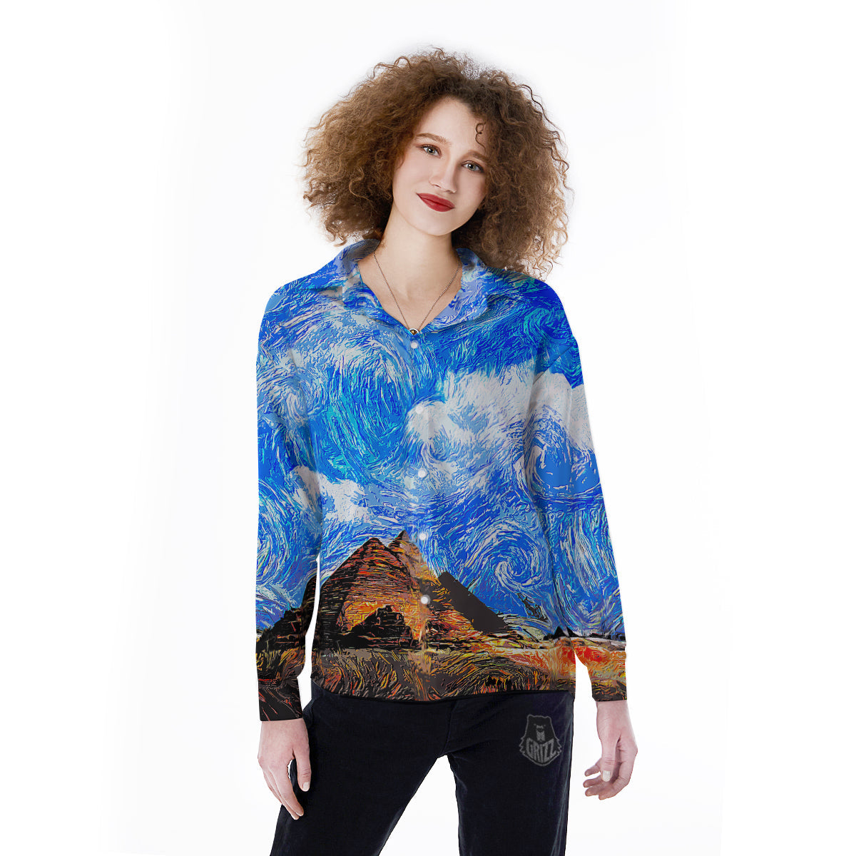 Starring Night Pyramids Print Women's Long Sleeve Shirts-grizzshop