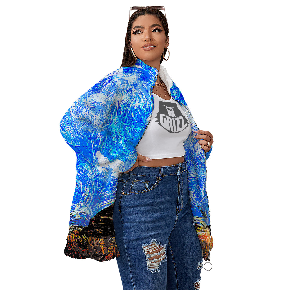Starring Night Pyramids Print Women's Sherpa Jacket-grizzshop