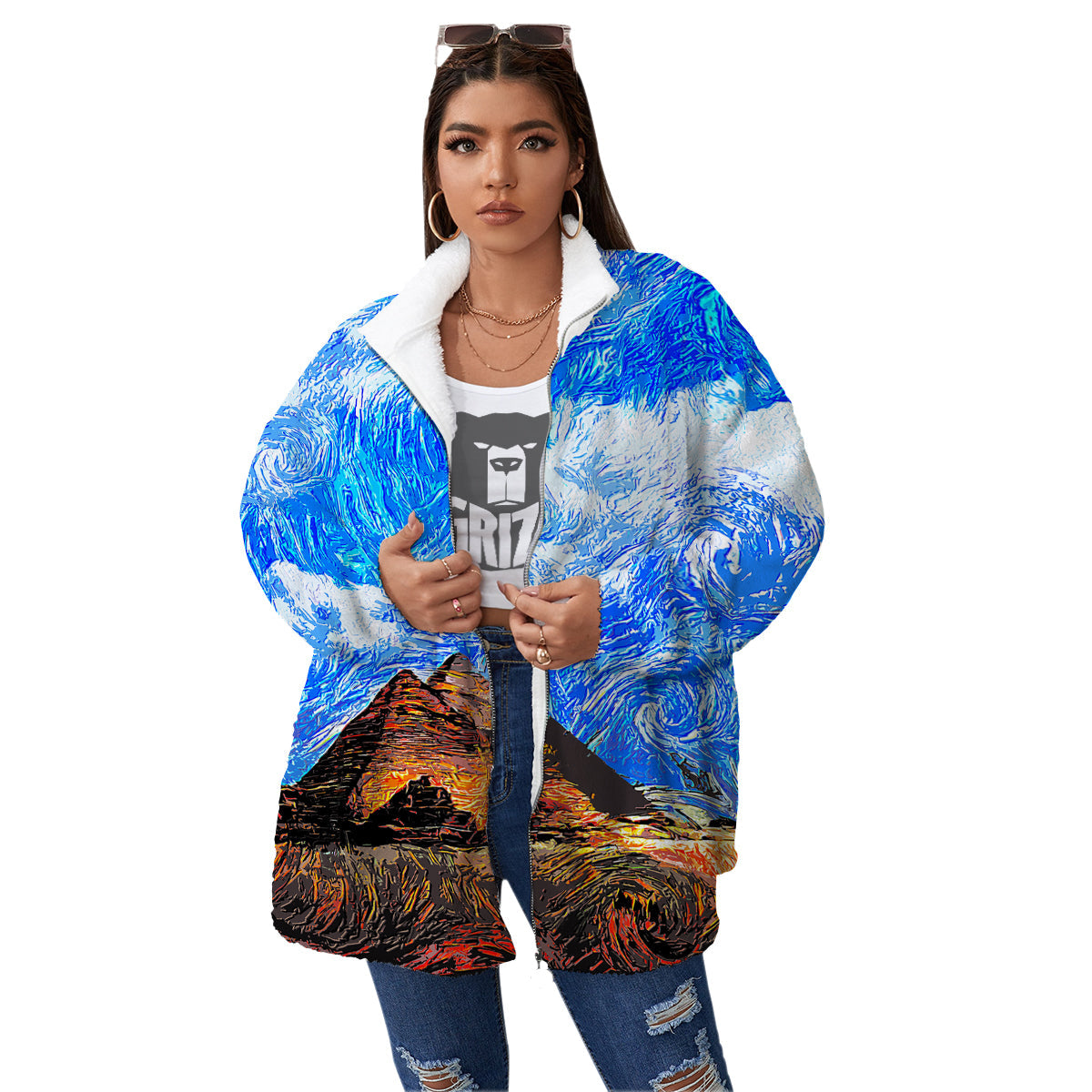 Starring Night Pyramids Print Women's Sherpa Jacket-grizzshop