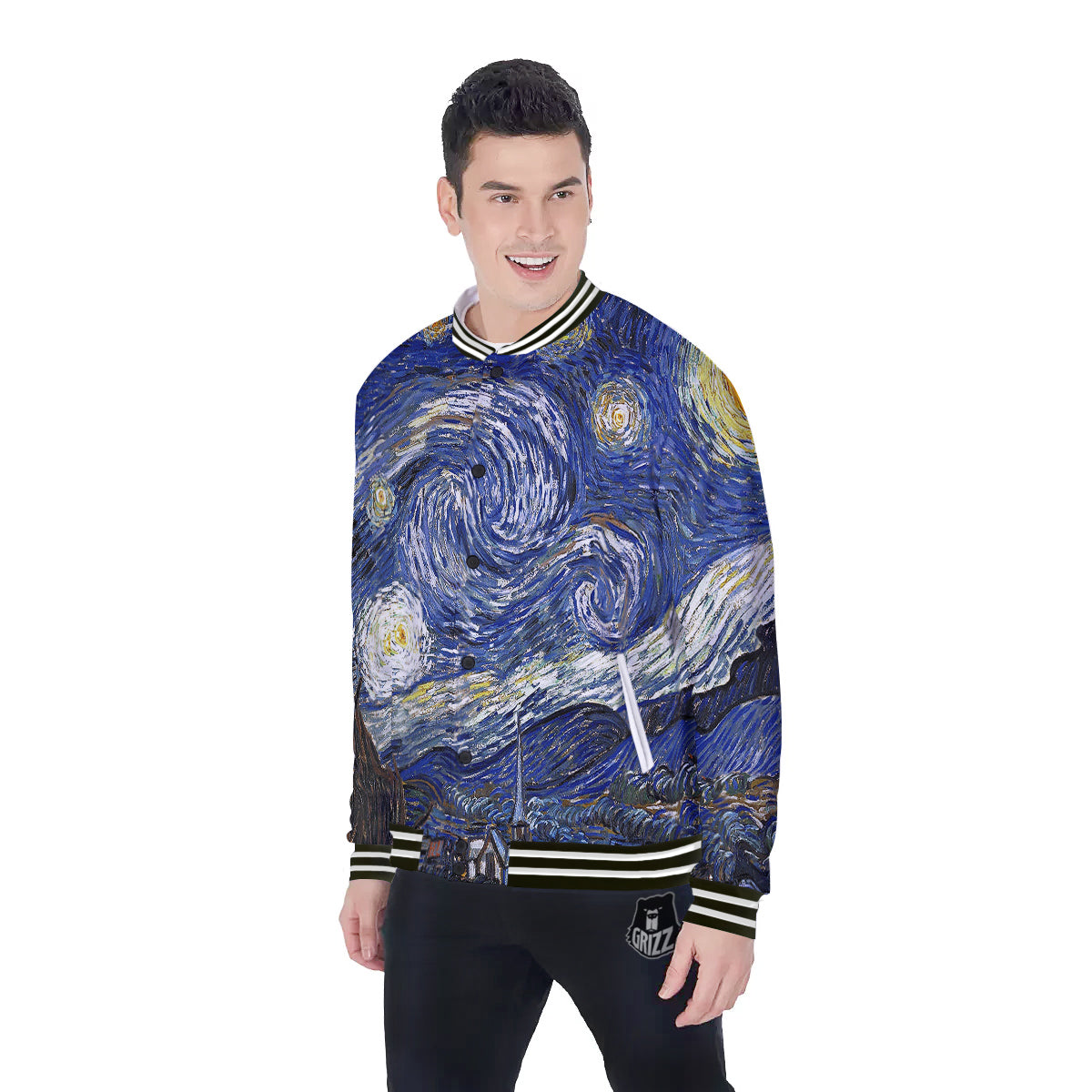 Starry Night Print Baseball Jacket-grizzshop