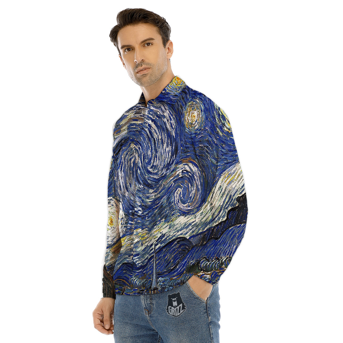 Starry Night Print Men's Dress Shirts-grizzshop