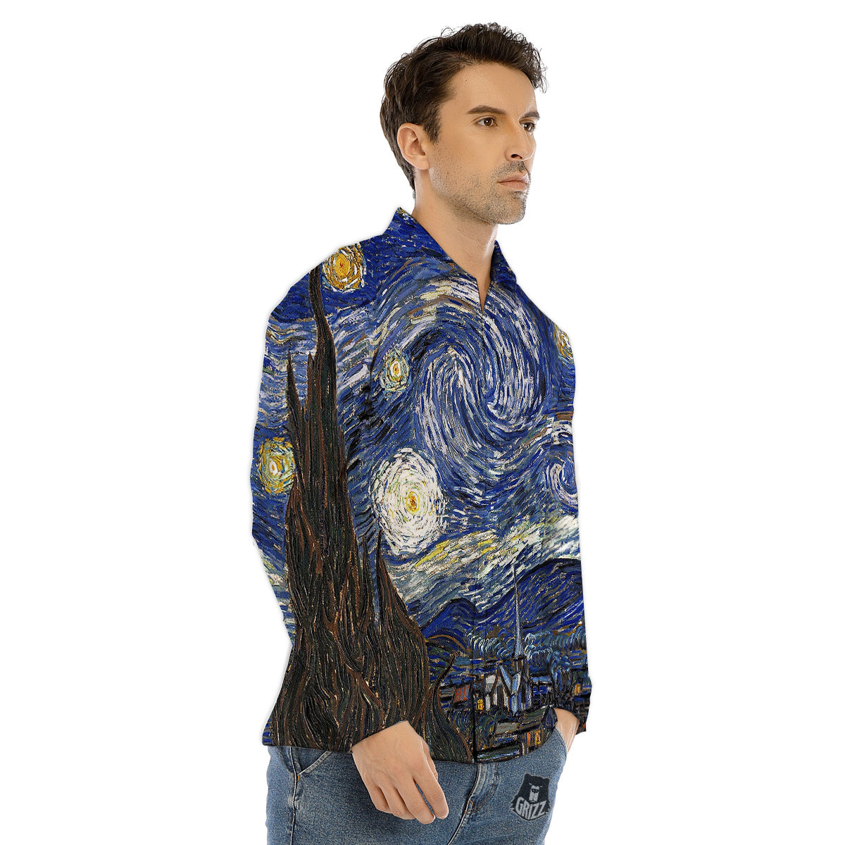 Starry Night Print Men's Dress Shirts-grizzshop
