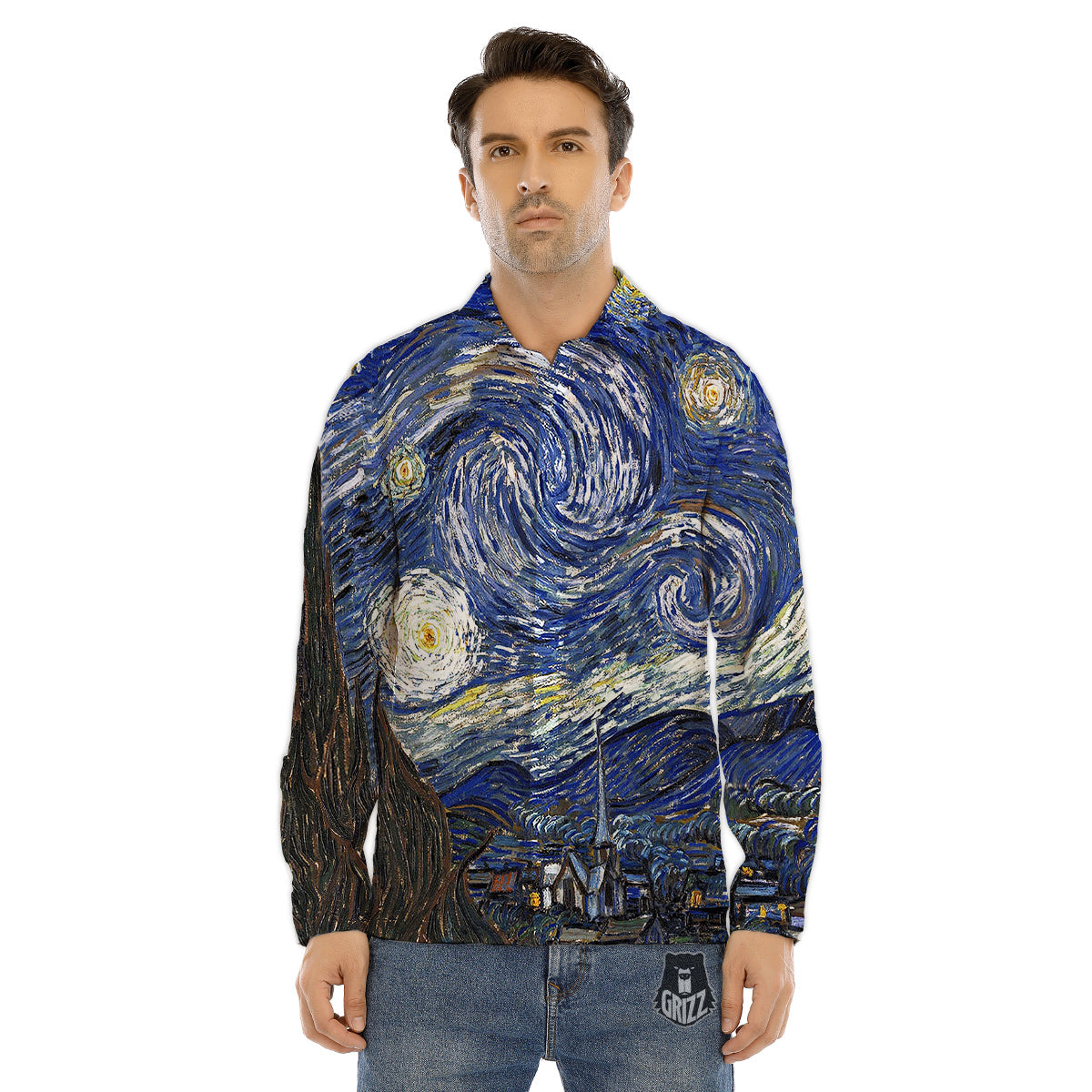Starry Night Print Men's Dress Shirts-grizzshop