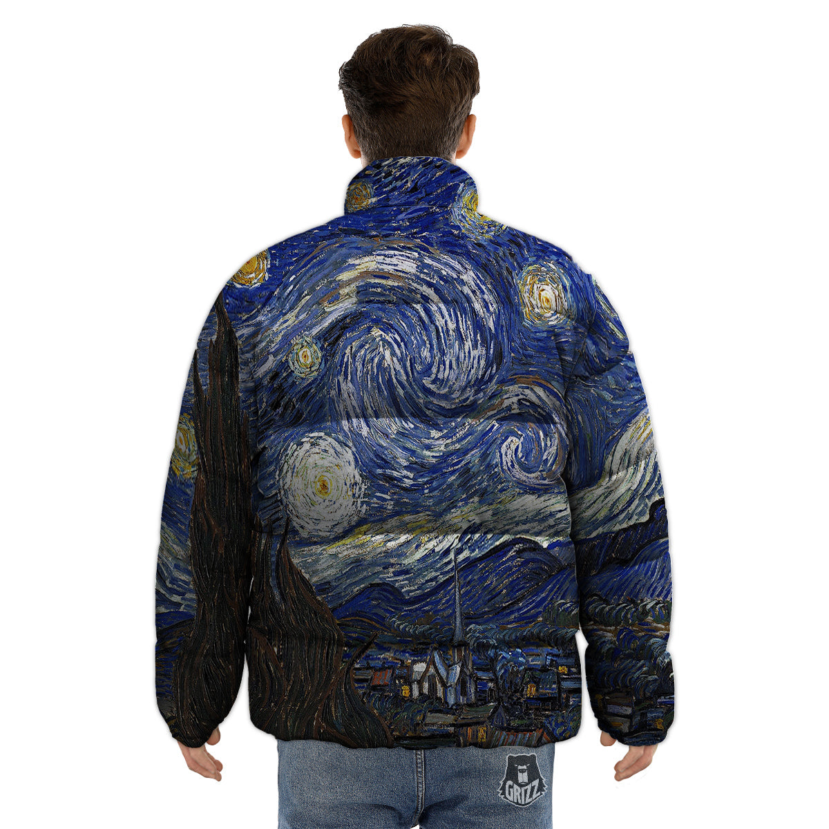 Starry Night Print Puffer Jacket-grizzshop