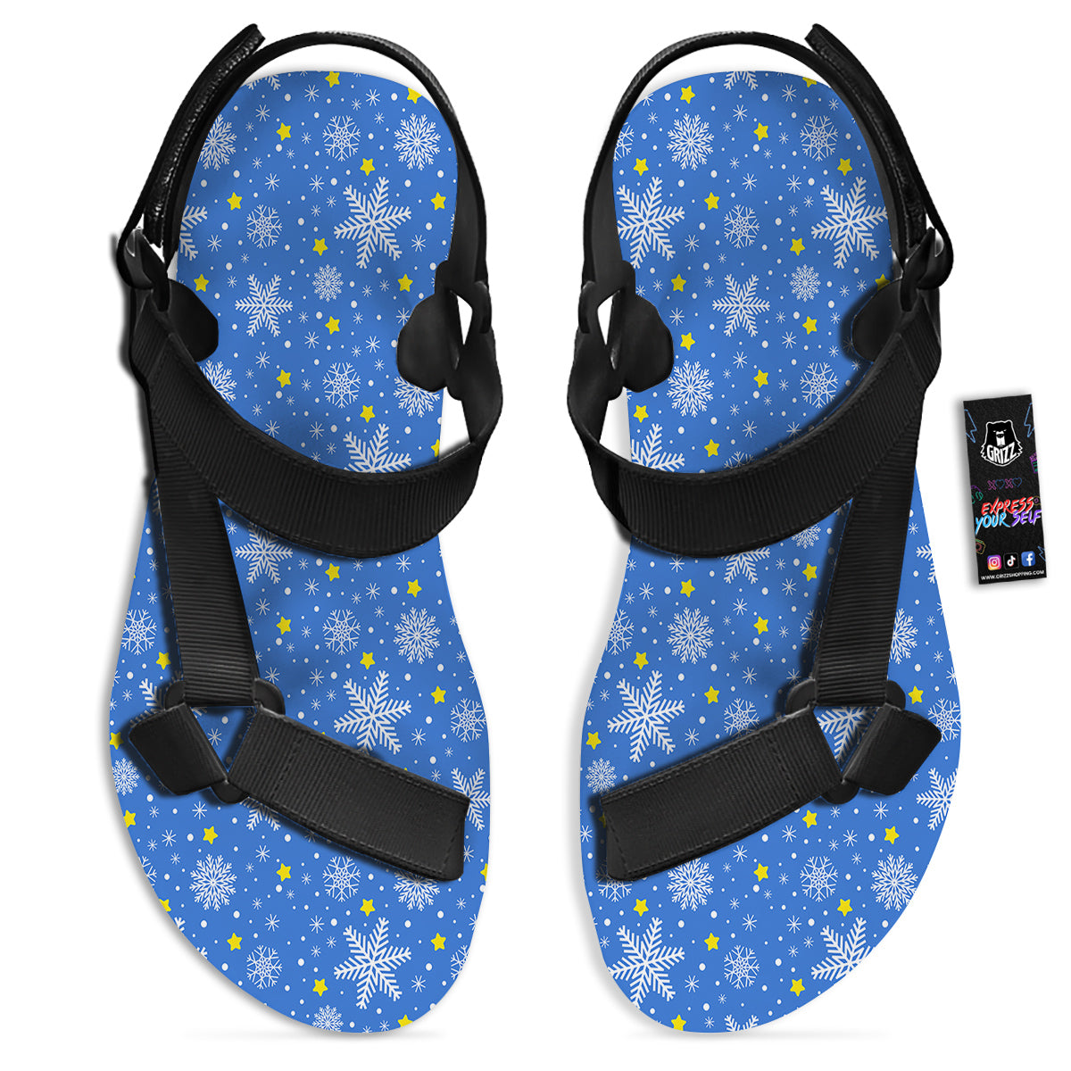 Stars And Christmas Snowflakes Print Black Open Toe Sandals-grizzshop
