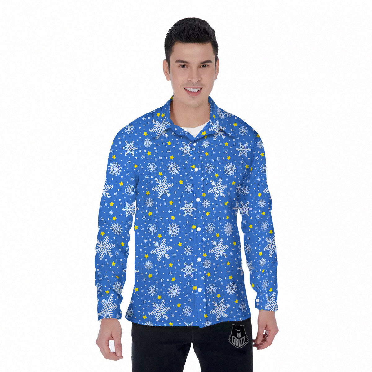 Stars And Christmas Snowflakes Print Men's Long Sleeve Shirts-grizzshop