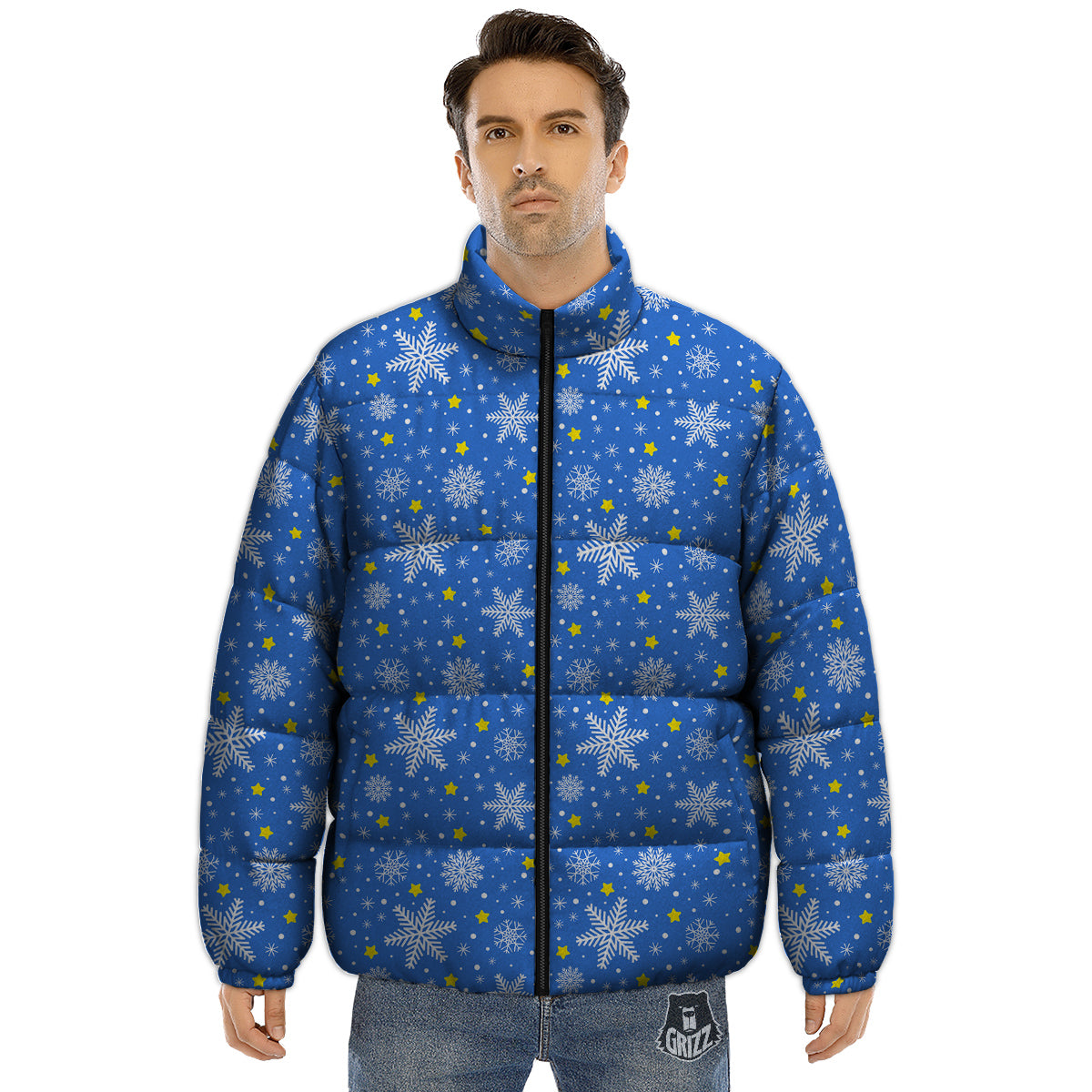 Stars And Christmas Snowflakes Print Puffer Jacket-grizzshop