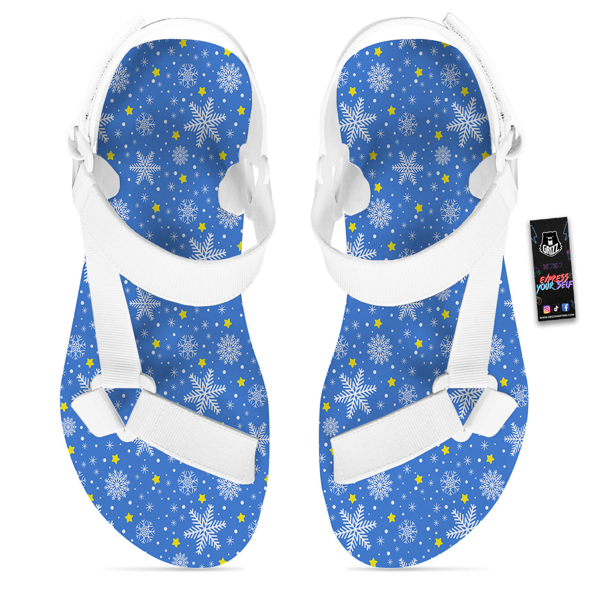 Stars And Christmas Snowflakes Print White Open Toe Sandals-grizzshop