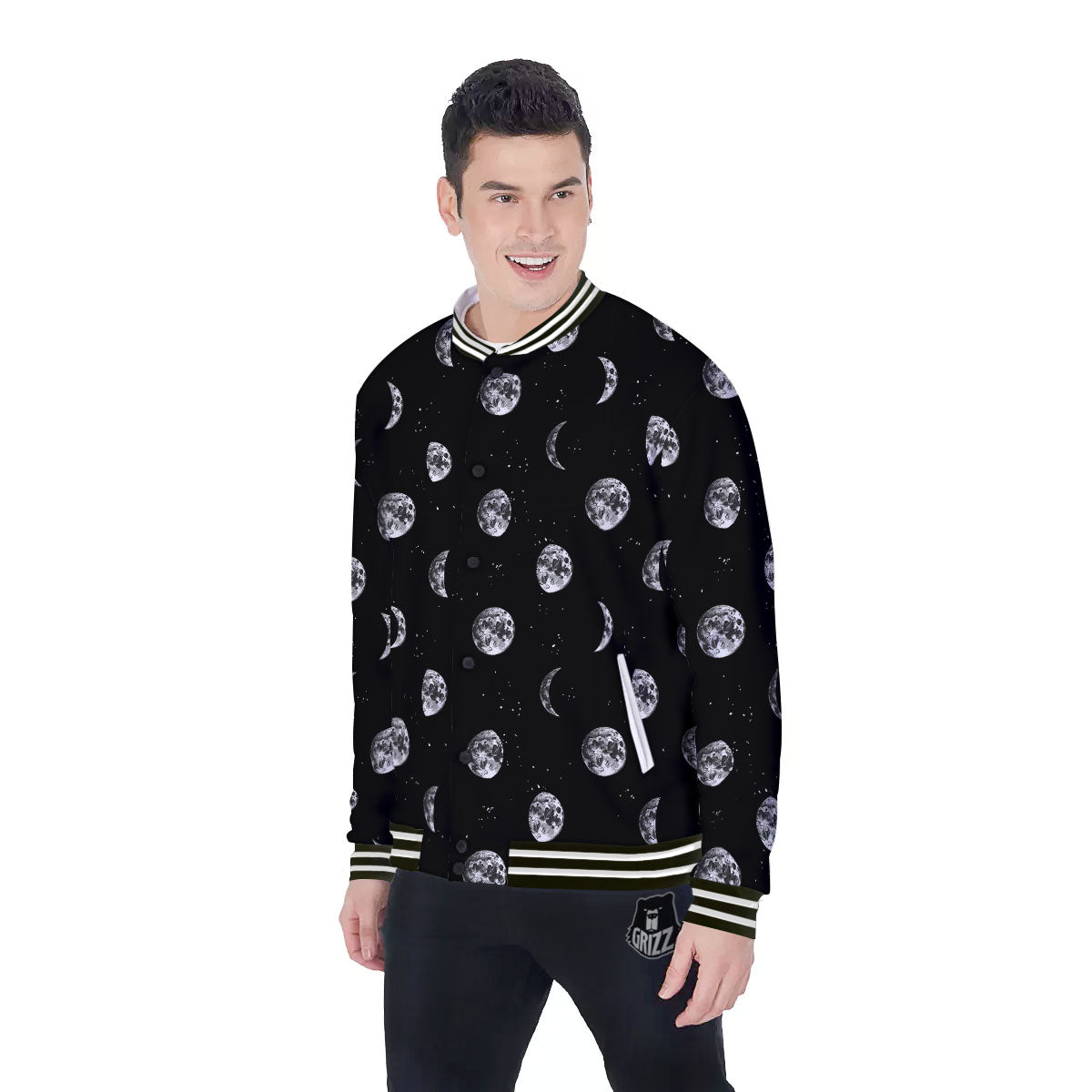 Stars And Moon Phase Print Pattern Baseball Jacket-grizzshop