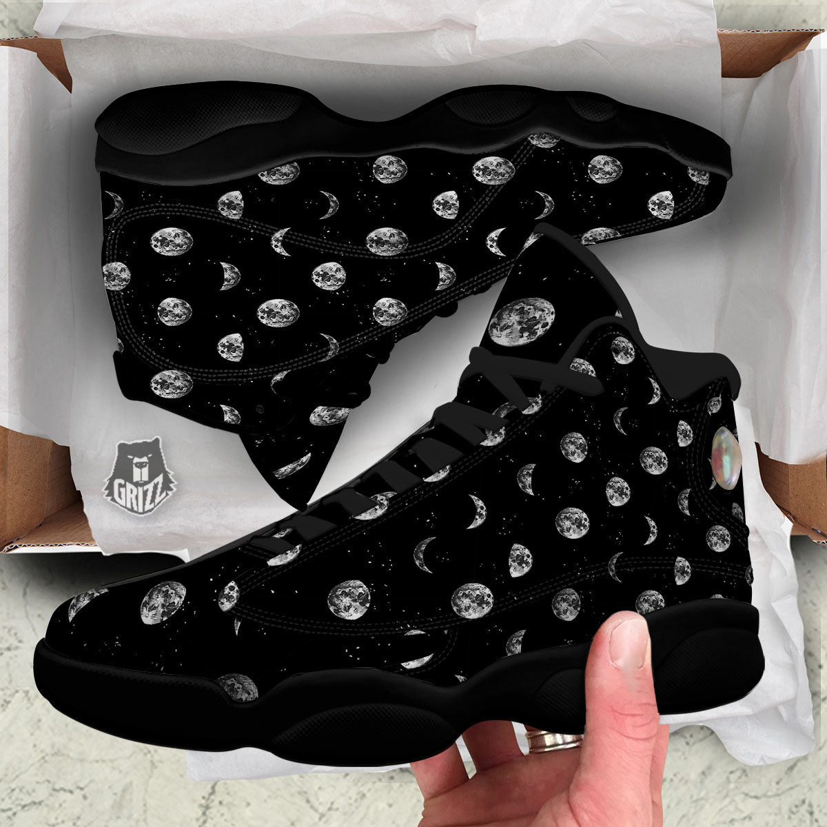 Stars And Moon Phase Print Pattern Black Basketball Shoes-grizzshop