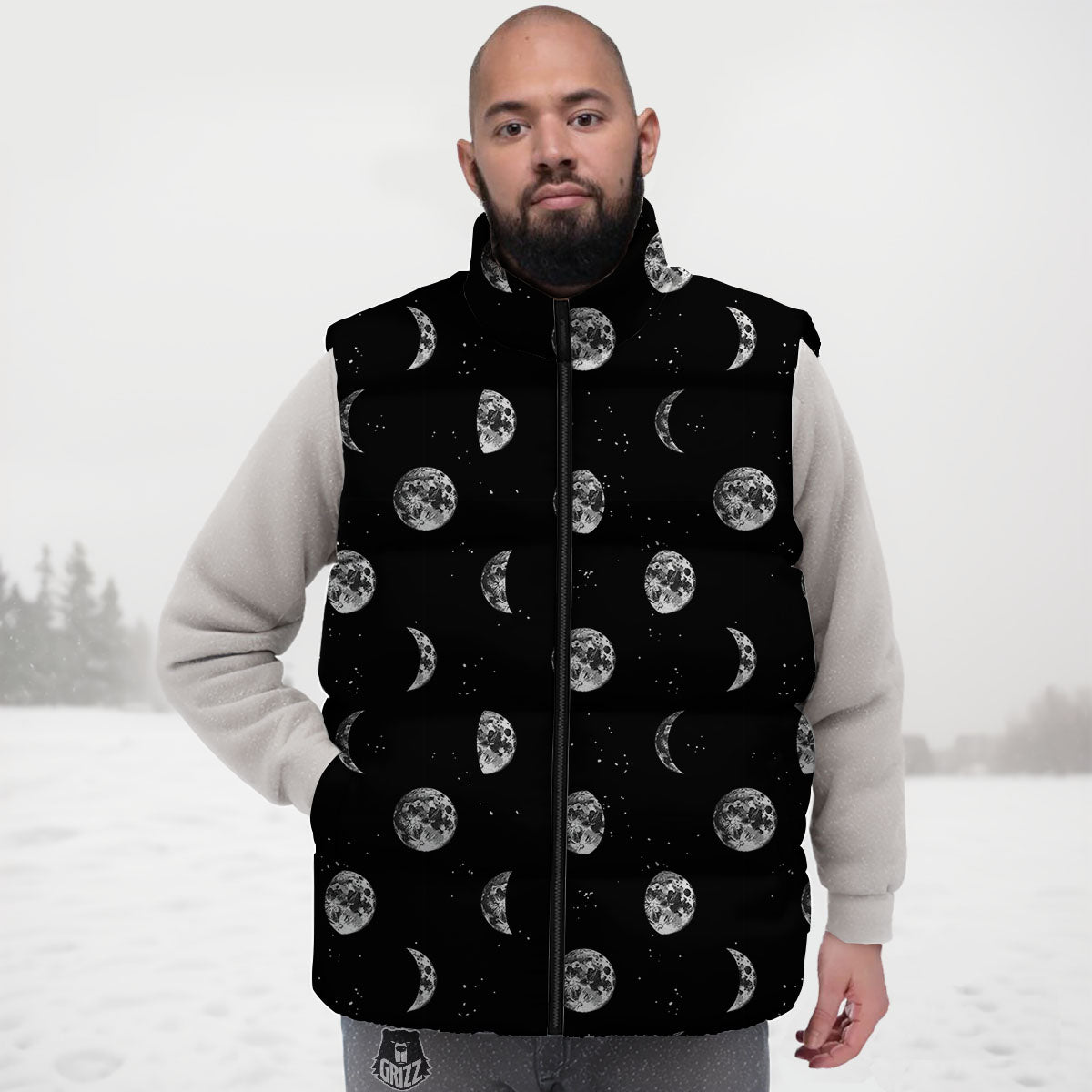 Stars And Moon Phase Print Pattern Down Vest
