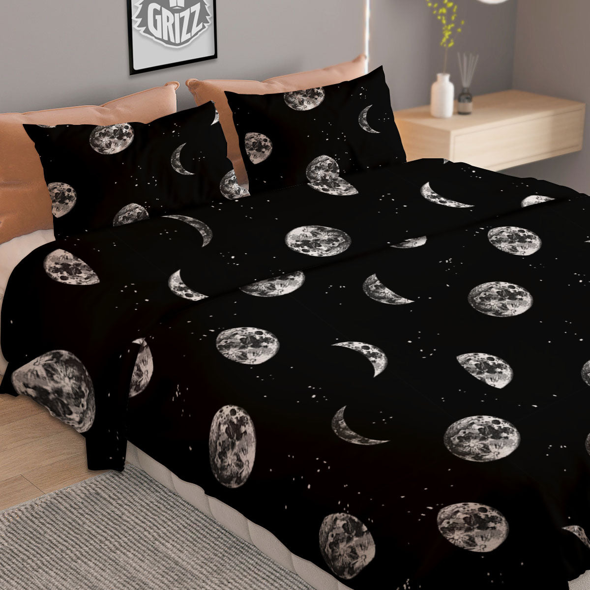 Stars And Moon Phase Print Pattern Duvet Cover Bedding Set
