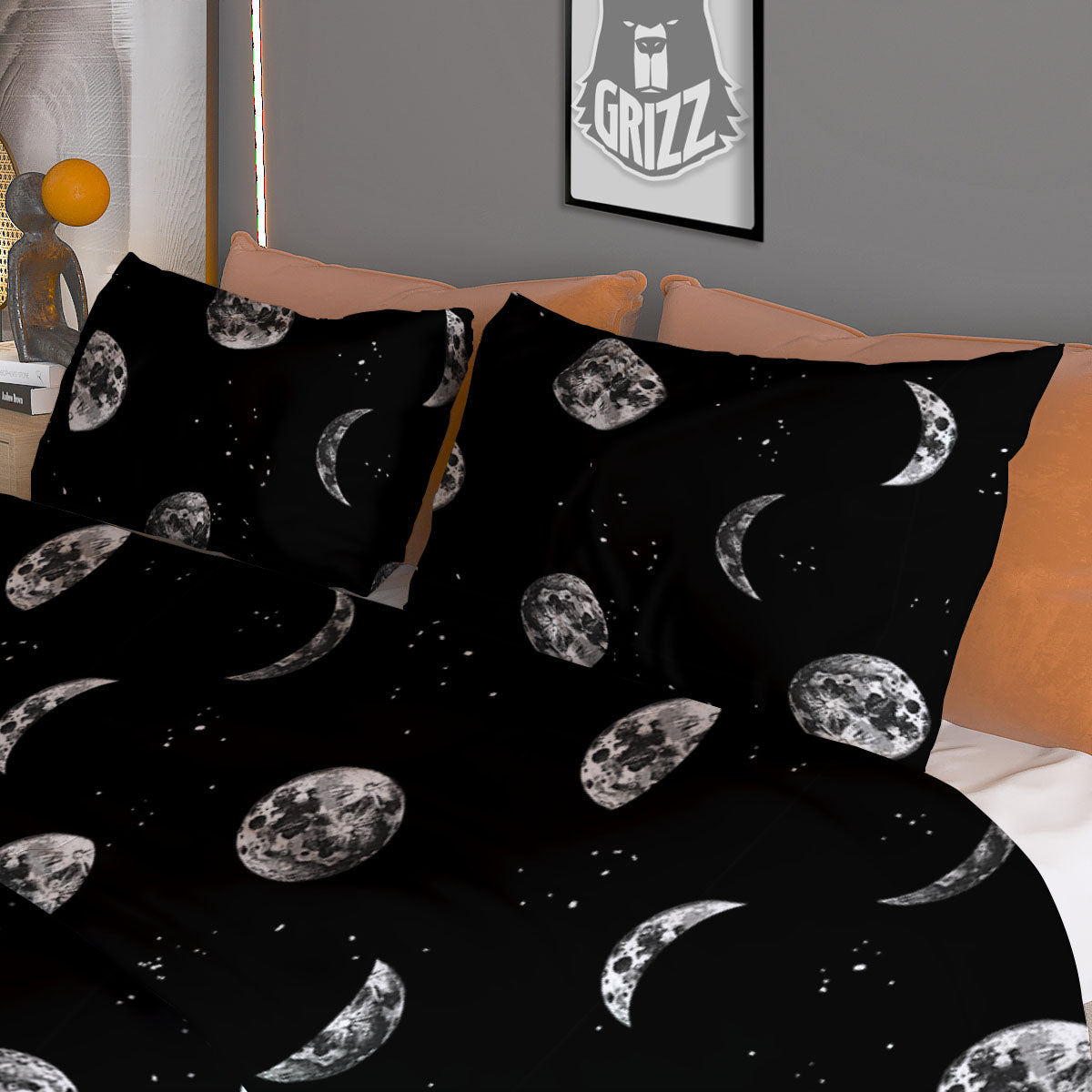 Stars And Moon Phase Print Pattern Duvet Cover Bedding Set