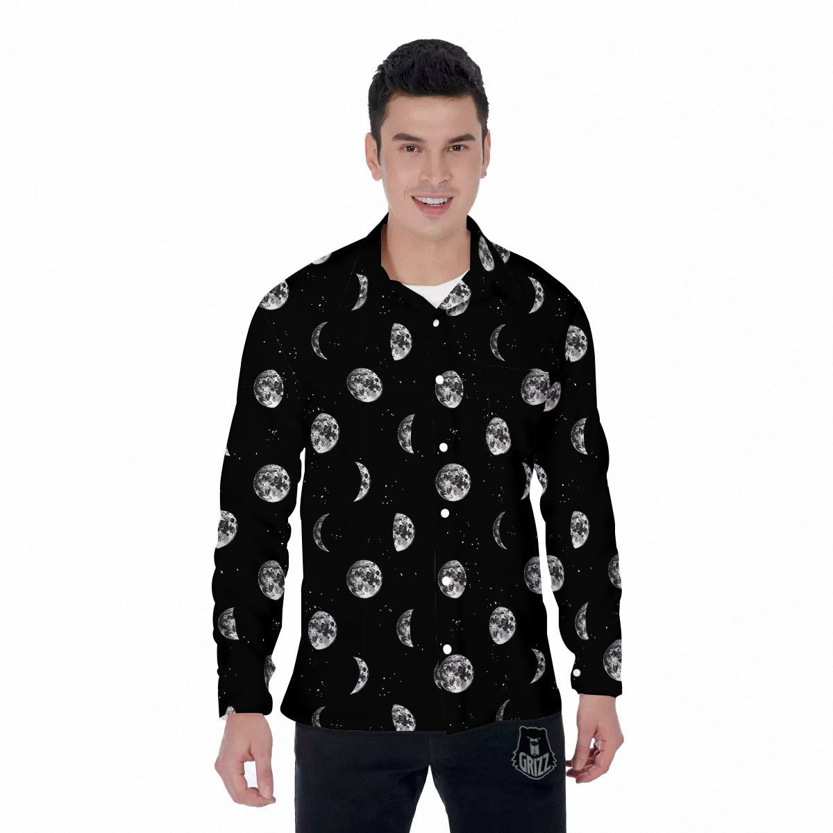 Stars And Moon Phase Print Pattern Men's Long Sleeve Shirts-grizzshop