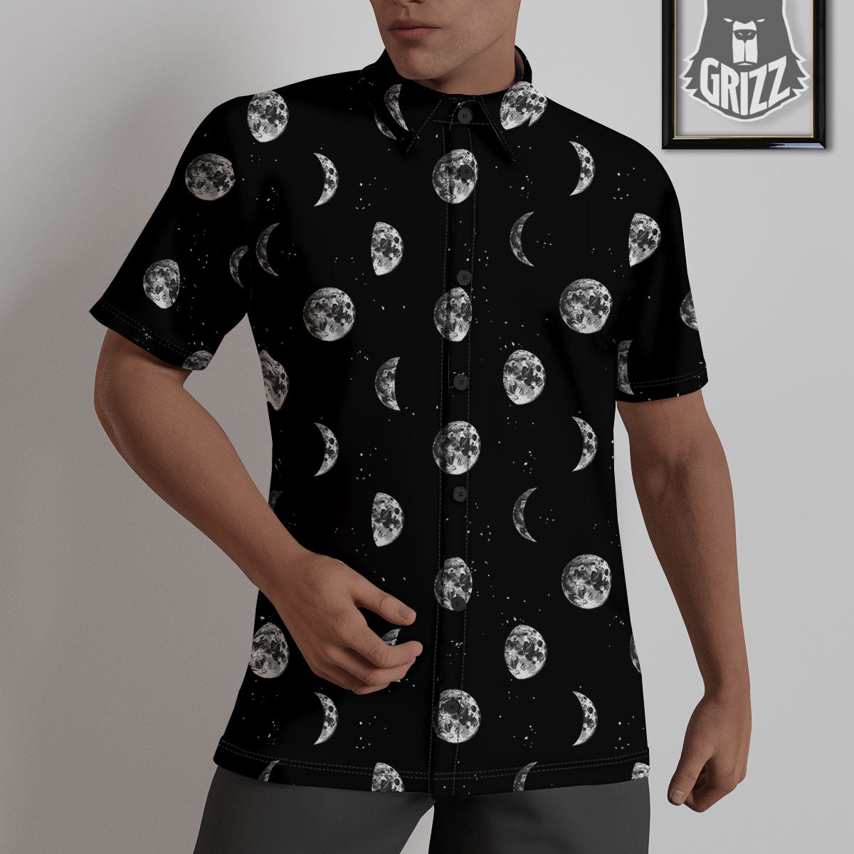 Stars And Moon Phase Print Pattern Untucked Shirts-grizzshop