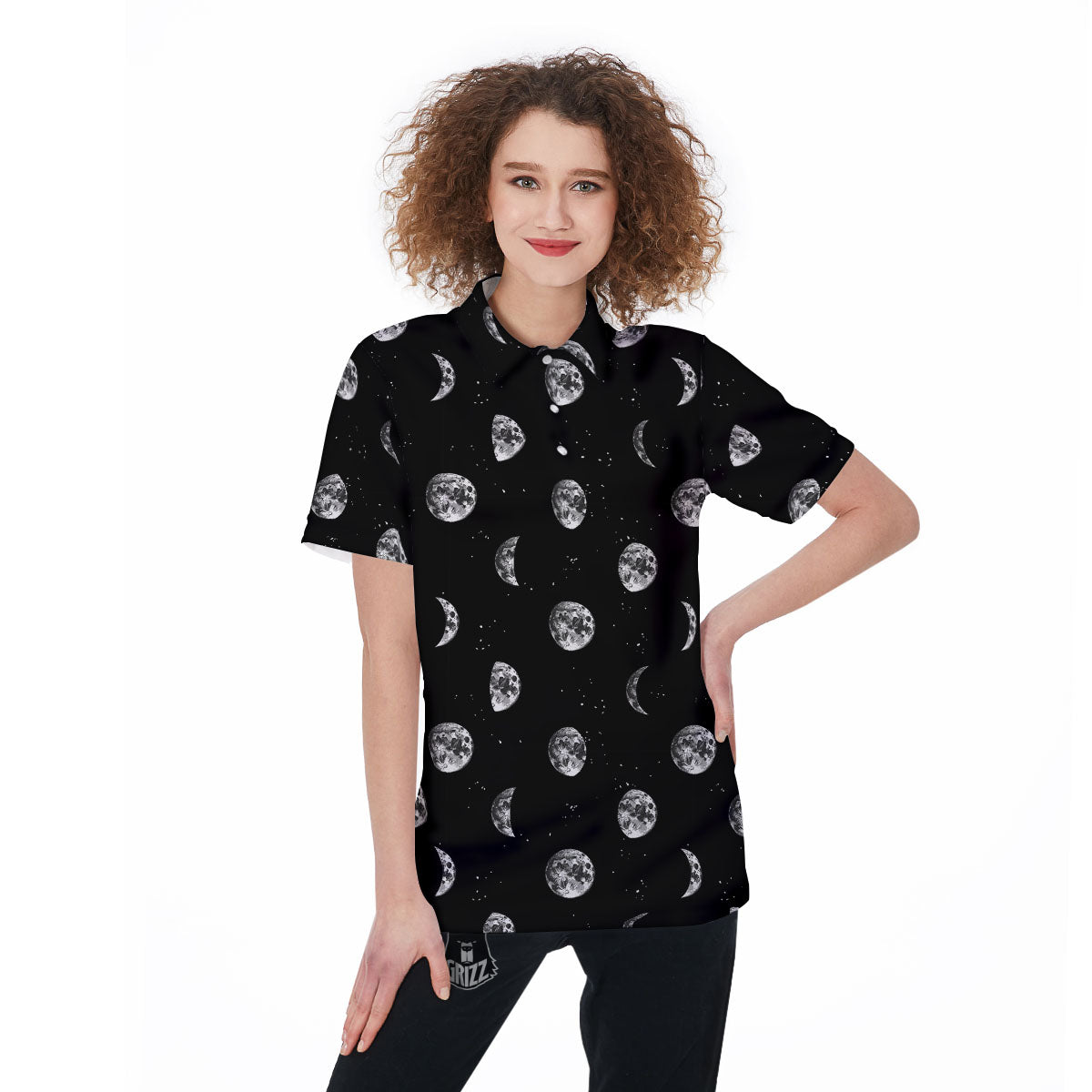 Stars And Moon Phase Print Pattern Women's Golf Shirts-grizzshop