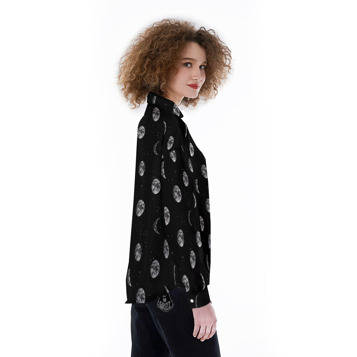 Stars And Moon Phase Print Pattern Women's Long Sleeve Shirts-grizzshop