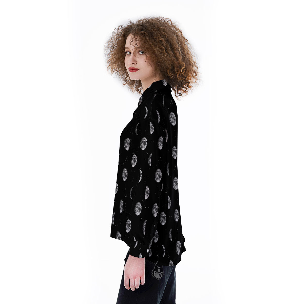 Stars And Moon Phase Print Pattern Women's Long Sleeve Shirts-grizzshop