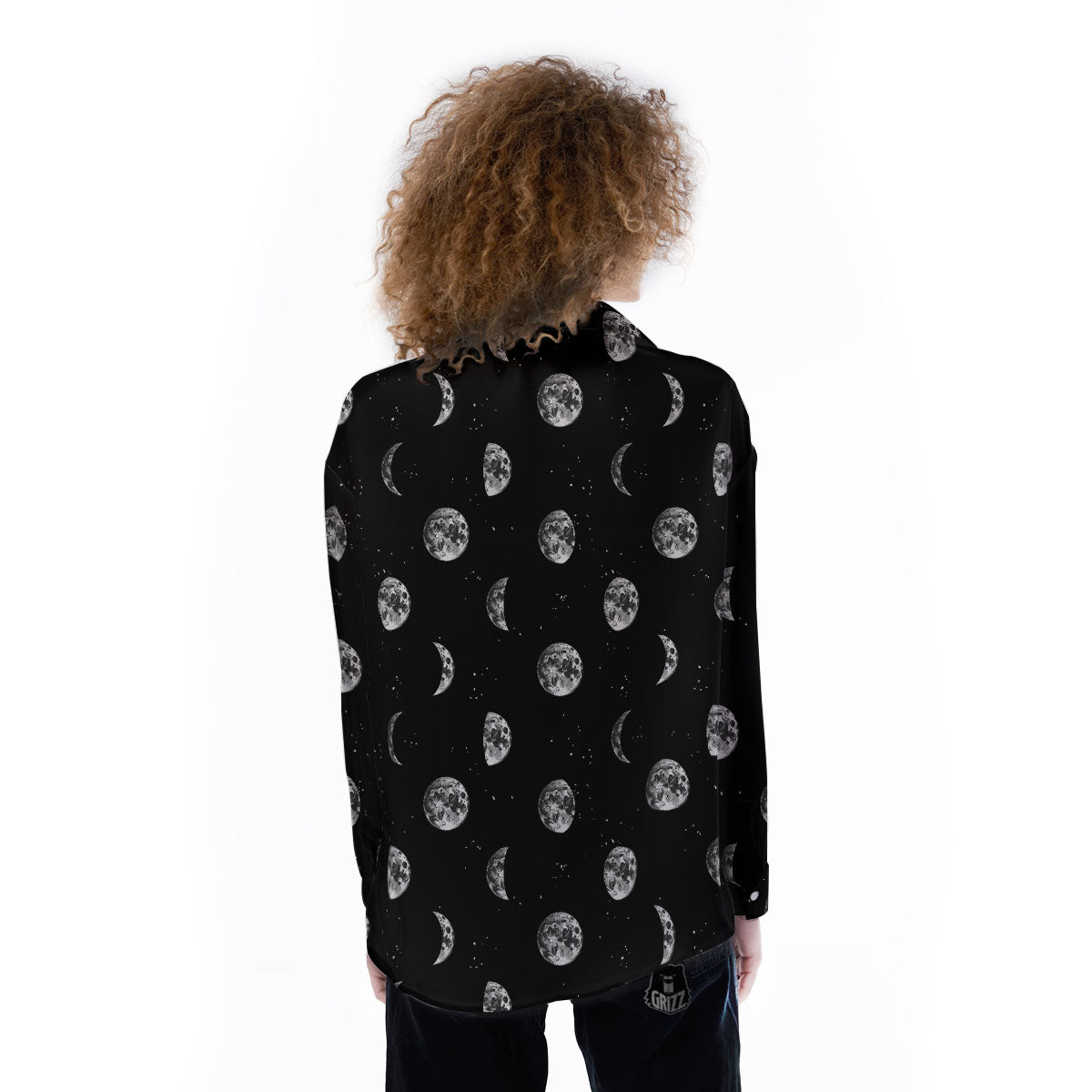 Stars And Moon Phase Print Pattern Women's Long Sleeve Shirts-grizzshop