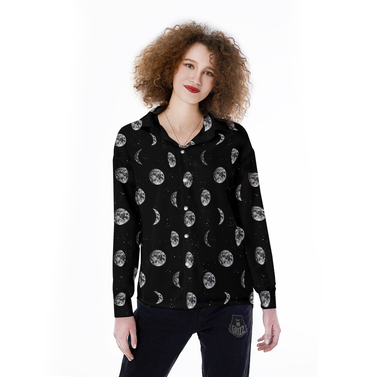 Stars And Moon Phase Print Pattern Women's Long Sleeve Shirts-grizzshop