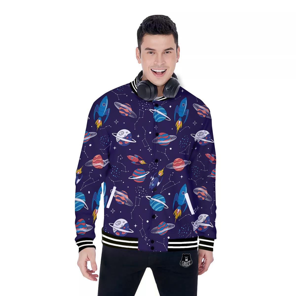 Stars And Rockets Print Pattern Baseball Jacket-grizzshop