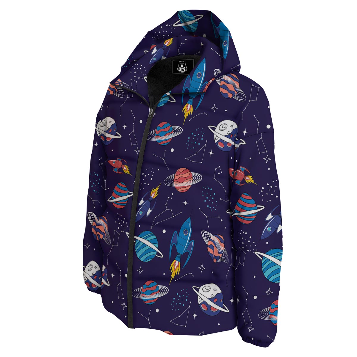 Stars And Rockets Print Pattern Down Jacket-grizzshop