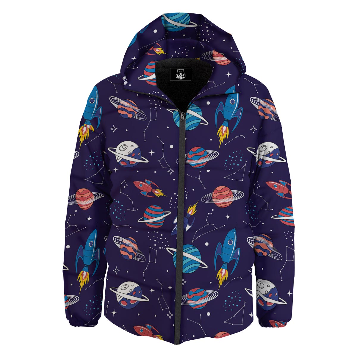 Stars And Rockets Print Pattern Down Jacket-grizzshop