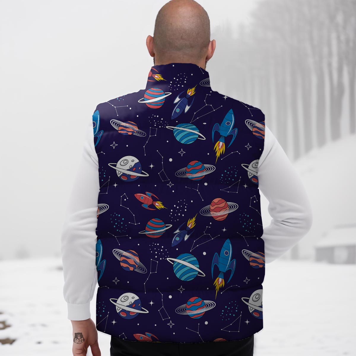 Stars And Rockets Print Pattern Down Vest