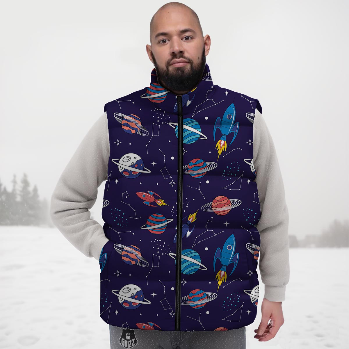 Stars And Rockets Print Pattern Down Vest