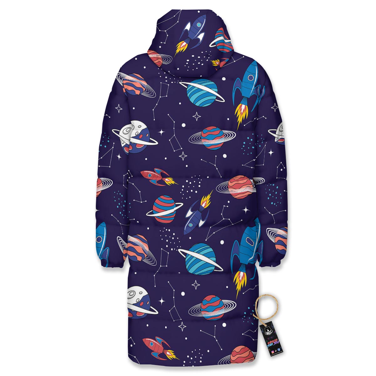 Stars And Rockets Print Pattern Long Down Jacket-grizzshop