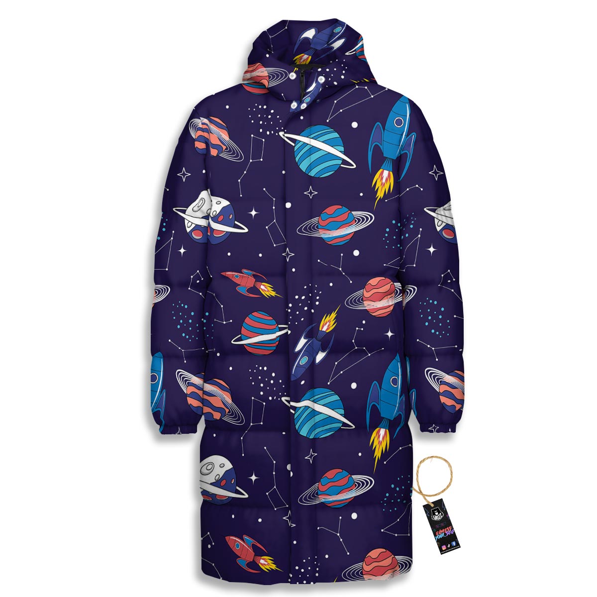Stars And Rockets Print Pattern Long Down Jacket-grizzshop