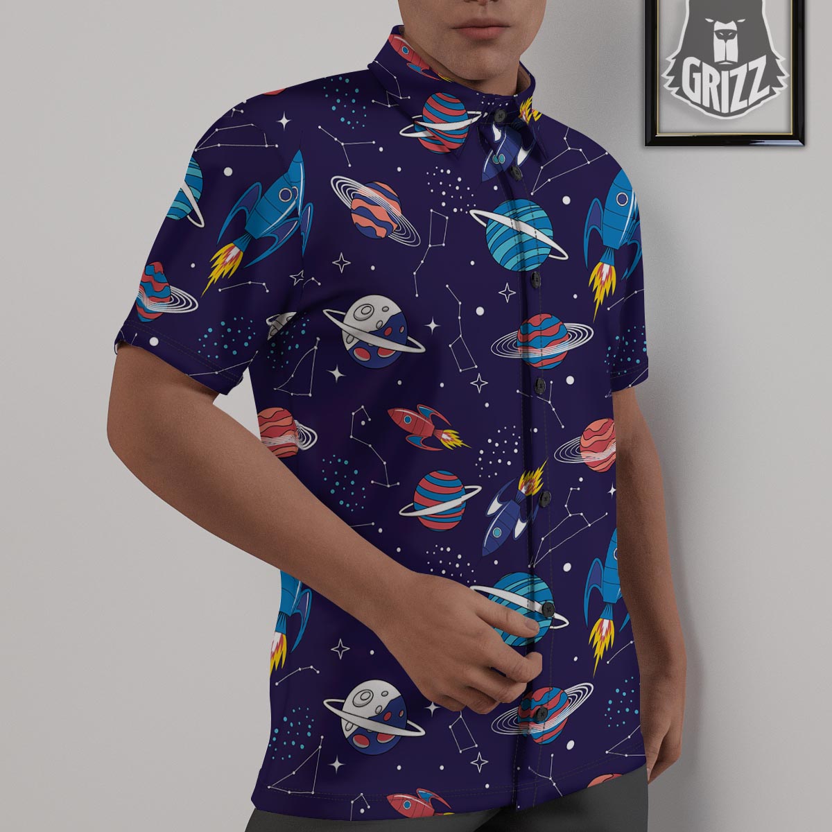 Stars And Rockets Print Pattern Untucked Shirts-grizzshop