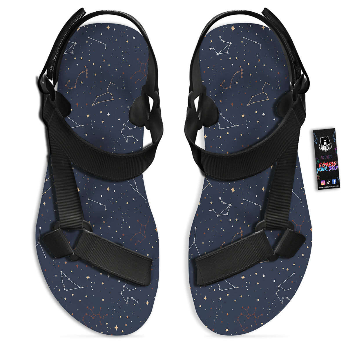 Stars Constellation Print Pattern Black Open Toe Sandals-grizzshop
